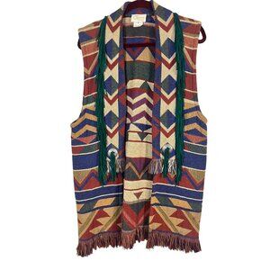 Western Striped Vest S Red Aztec Tapestry Tribal Boho Fringe Chevron Indian 70s